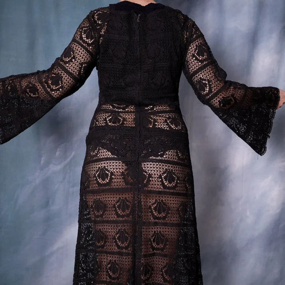 Amazing 70's Vintage Cotton Lace Maxi Dress in Black - Picture 2 of 7
